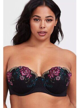 NWT Torrid 44G Black Floral Embroidered Microfiber Push-Up Strapless Bra